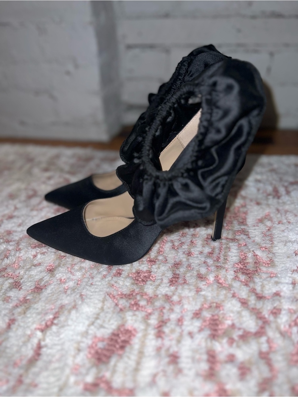 Katy Perry Collections Black Satin Pointed-Toe Pumps with Ruffle Ankle - Picture 2 of 3